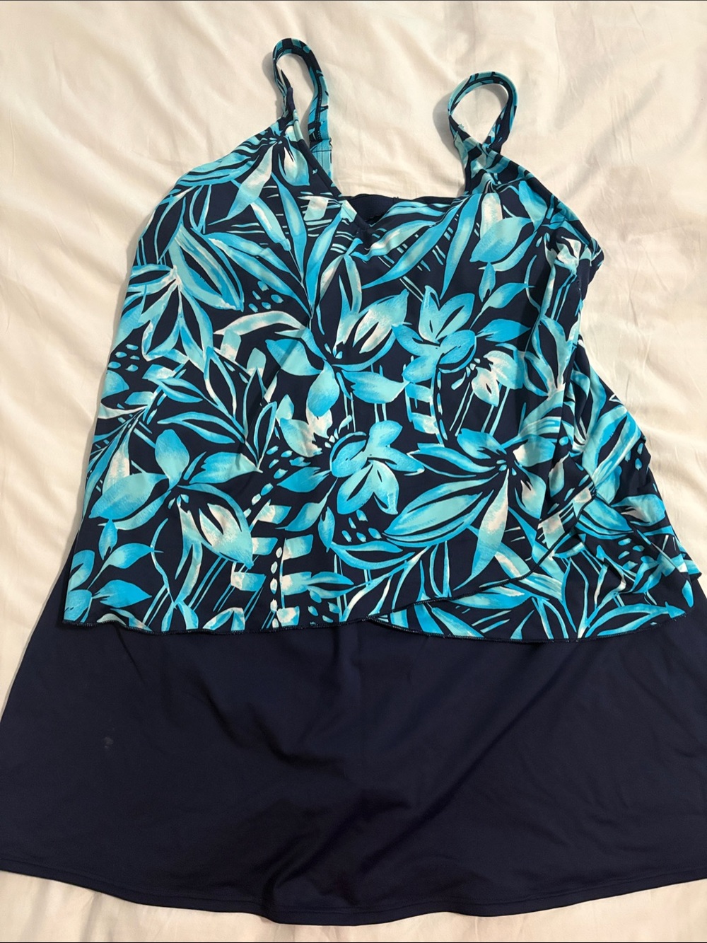 Lands End Tummy Control Navy & Teal Floral Swim Tankini with and skirt.